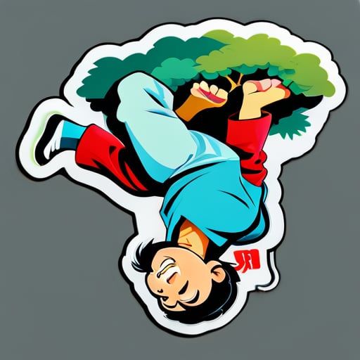El superastro de las artes marciales Jackie Chan cuelga boca abajo de un árbol sticker