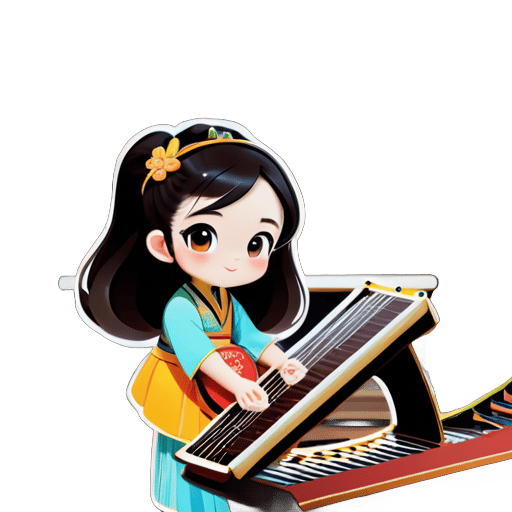 Uma menina pequena, vestindo roupas modernas, está tocando a cítara chinesa em um quarto com estantes de livros e livros ao fundo. sticker