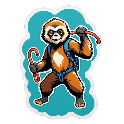 A gibbon with a climbing rope in its left hand and a carabiner in its right hand sticker