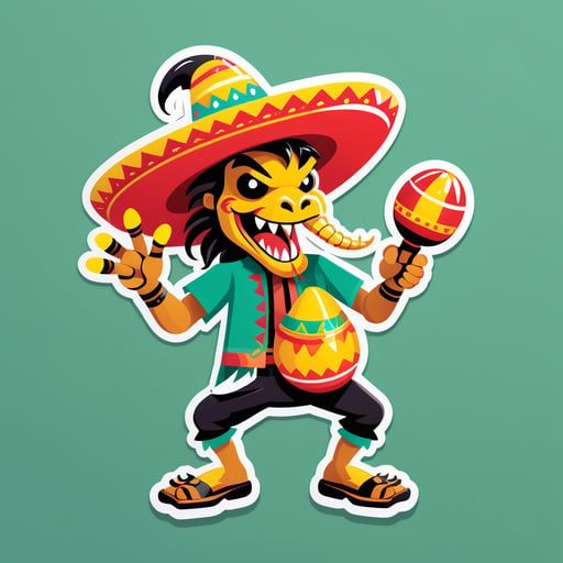 一隻蠍子左手拿著一對沙鈴，右手拿著一頂墨西哥草帽 sticker