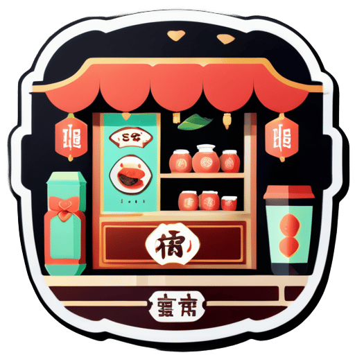 店铺名称是古茶特产店，要求一个人在一个小铺子里面售卖内蒙古特产牛肉干，奶食品以及茶叶礼盒 sticker