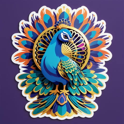 A peacock with a feather fan in its left hand and a mirror in its right hand sticker