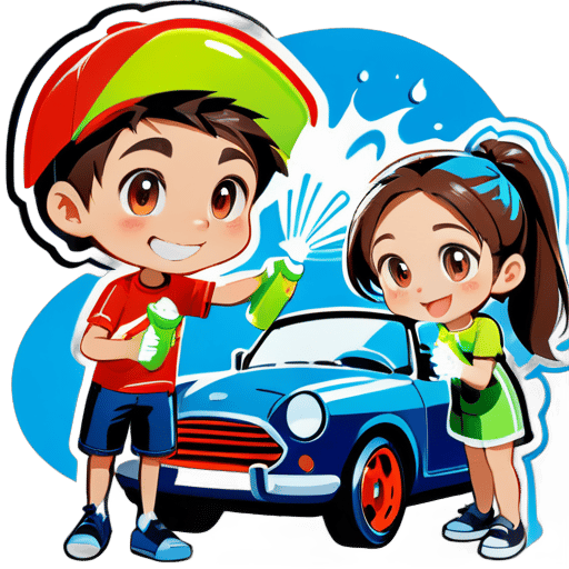 Das Logo der Autowaschanlage, ein Junge, der mit einem Wasserschlauch ein Auto reinigt, und ein Mädchen, das mit einem Tuch bereit ist zu polieren, das Auto ist besonders sauber gewaschen, sorgfältig. sticker