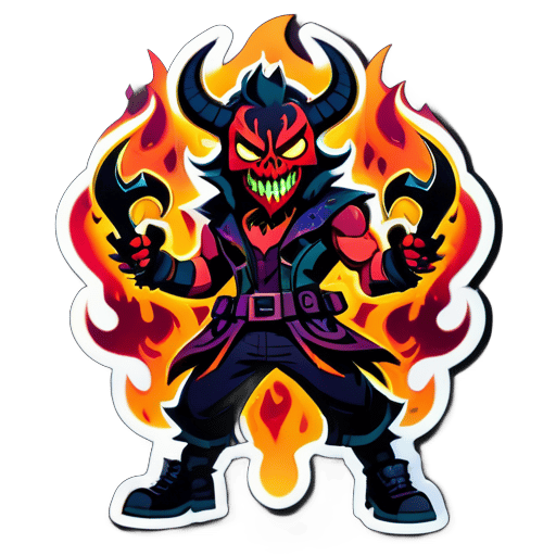 Character: Charming 2D figure with devilish mask.
Mask: Horned mask with wicked grin.
Body: Confident stance, muscular build.
Hand: Grips AK47 rifle.
Background: Flames envelop, casting ominous glow.
Colors: Deep hues with fiery highlights. sticker