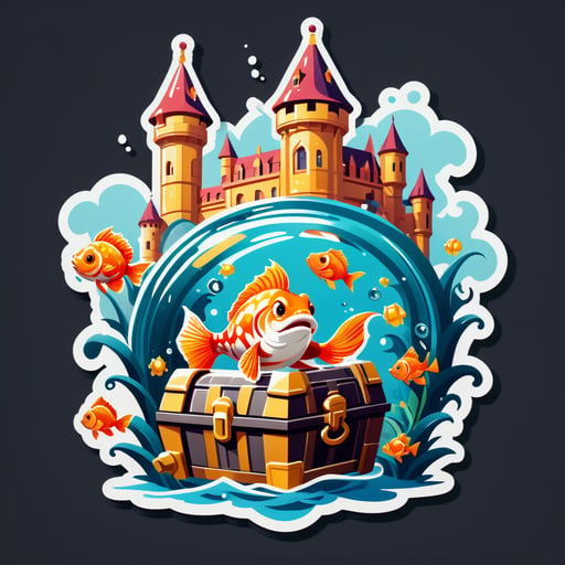 Un pez dorado con un adorno de castillo en su mano izquierda y un cofre del tesoro en su mano derecha sticker