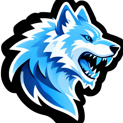 Una silueta elegante y helada de un lobo azul, con acentos helados resaltando sus características. El texto 'Frost Fang Gaming' es nítido y audaz, evocando una sensación de frío y poder. sticker