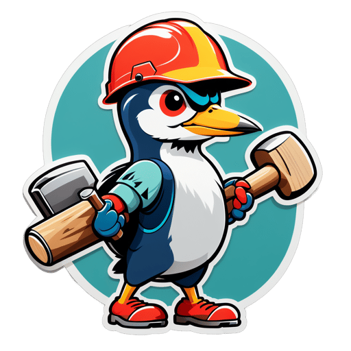 A woodpecker with a hard hat in its left hand and a hammer in its right hand sticker