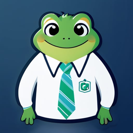 녹색 개구리가 귀엽게 미소 지으면서 푸른 스웨터를 입고 흰 셔츠와 넥타이를 착용하고 있으며 스웨터에는 INCO로 적혀 있습니다. sticker