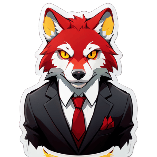 Một con sói với mắt trái màu vàng và mắt phải màu đỏ, tóc đỏ trên đầu, mặc bộ đồ lịch sự, đặt lượt thích sticker