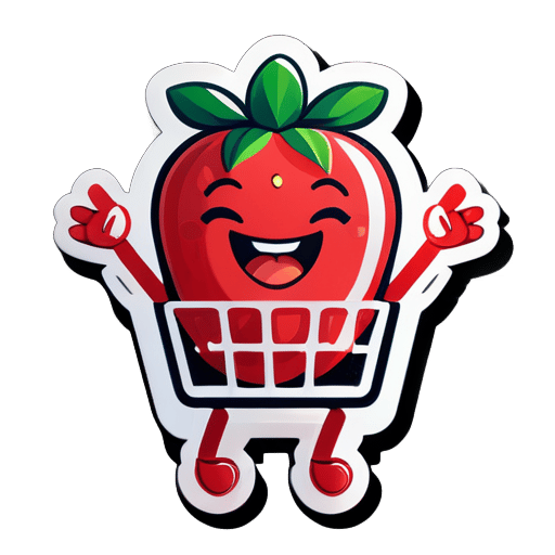 Um morango com as mãos levantadas e rindo feliz em um carrinho de compras sticker