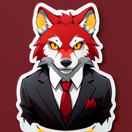 Un loup anthro avec un œil gauche jaune et un œil droit rouge, des cheveux rouges sur la tête, habillé dans un costume strict, met un like. sticker