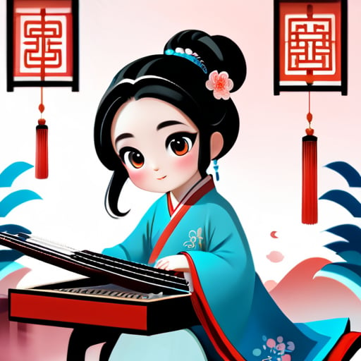 Helfen Sie mir, ein Cartoon-Avatar für die Website zu entwerfen, auf dem ein kleines Mädchen Guzheng spielt, im chinesischen Stil, modern und dennoch klassisch: Design der kleinen Mädchenfigur: Sie sollte ein liebenswertes, junges Mädchen mit großen Augen und sanften Gesichtszügen sein. Sie trägt traditionelle Hanfu oder eine moderne Version davon, die Elemente der chinesischen traditionellen Kleidung bewahrt, aber auch moderne Designs wie trendige Elemente oder Accessoires an bestimmten Stellen integrieren kann. Ihr langes Haar ist offen oder in einem klassischen Haarknoten gesteckt, der mit Haarnadeln oder Haarschmuck verziert sein kann. Guzheng: Das Guzheng sollte als deutlich sichtbares Instrument gestaltet sein, das kleine Mädchen spielt konzentriert Guzheng. Das Design des Guzheng sollte dem traditionellen chinesischen Stil entsprechen, aber auch moderne Elemente wie mehr Farben oder Verzierungen integrieren. Hintergrunddesign: Der Hintergrund kann schlichte Linien oder chinesische Muster wie Wolken, Landschaften, antike Gebäude usw. enthalten. Es kann auch moderne Elemente wie Stadtsilhouetten, moderne Architektur usw. im Hintergrund geben, um den modernen Touch hervorzuheben. Farbauswahl: Hauptsächlich sanfte Farbtöne wie zartes Rosa, Hellblau usw. können mit traditionellen chinesischen Farben wie Rot kombiniert werden. sticker