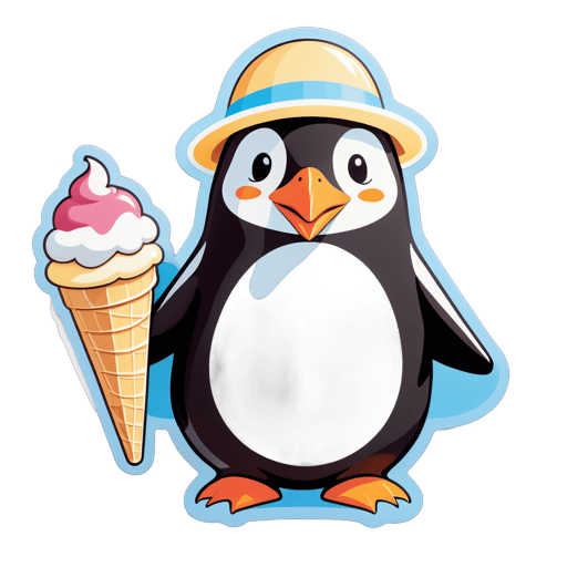 一只企鹅，左手拿着一个冰淇淋筒，右手戴着一顶遮阳帽 sticker