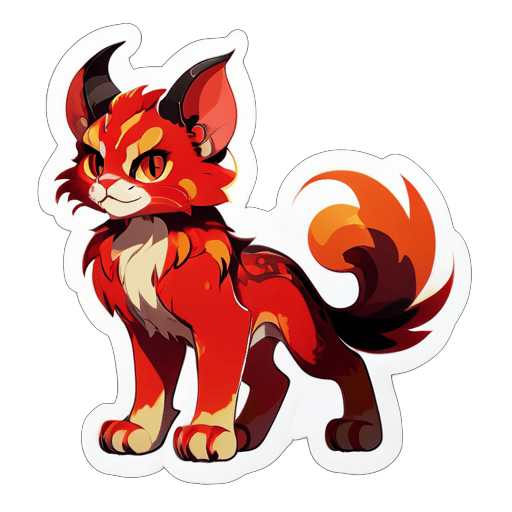 cat-Aries está representado en tonos rojos, con ojos ardientes y pelaje que se asemeja a llamas. Se encuentra de pie sobre sus patas traseras, listo para la batalla, y se muestra muy seguro. También tiene grandes cuernos en la cabeza. sticker