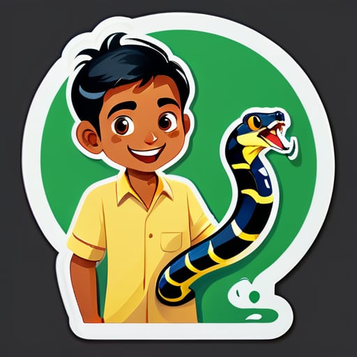 Một người đàn ông đang cầm một con rắn tên là Achal, đó là một đứa trẻ nhỏ ở Bihar, 7 tuổi. sticker
