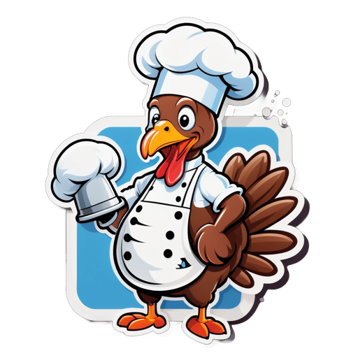Un pavo con un gorro de chef en su mano izquierda y un temporizador de cocina en su mano derecha sticker