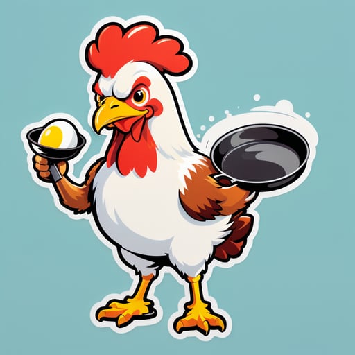 A chicken with an egg in its left hand and a frying pan in its right hand sticker