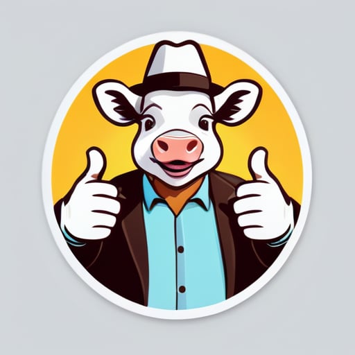 Cattle, in the image of a human, with a thumbs-up gesture sticker