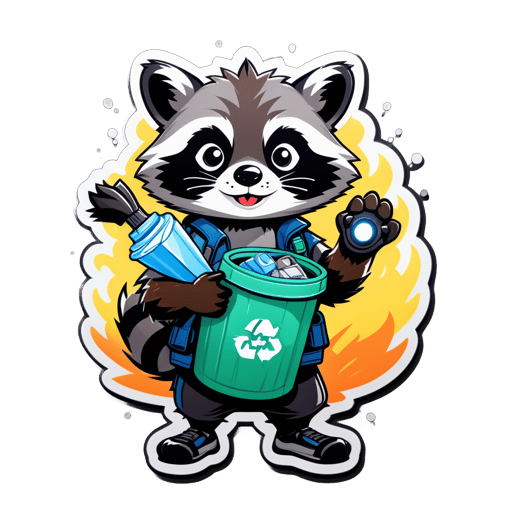 A raccoon with a flashlight in its left hand and a trash bag in its right hand sticker