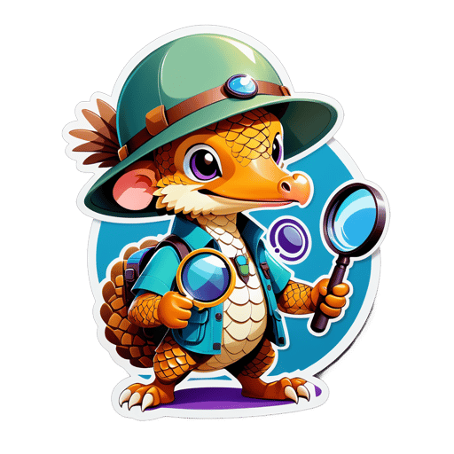 Un pangolín con un sombrero de explorador en su mano izquierda y una lupa en su mano derecha sticker