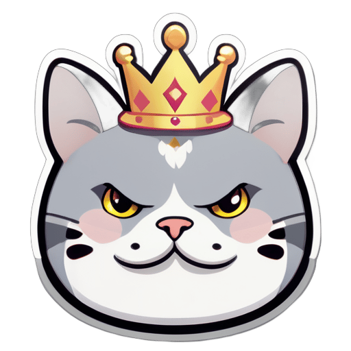 Un gato gordo color gris con hocico blanco y una corona en su cabeza entre sus orejas con la palabra "GuiditoBenito" sticker