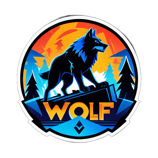 標誌呈現了一隻流暢而兇猛的狼的輪廓在奔跑中，象徵著敏捷和力量。在狼的背後，一個抽象的遊戲元素背景，如控制器、鍵盤和搖桿，增添了動感。文字"Wolf's Den Gaming"是粗體且現代化，與狼的主題相輔相成。色彩方案包括深藍和黑色，喚起神秘和強烈的感覺。 sticker