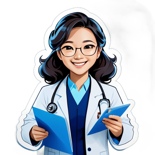 Using a professional image of a Chinese female physician as the avatar, wearing a formal doctor's uniform or white coat, smiling, with big wavy hair, wearing a stethoscope around the neck, holding documents, wearing glasses, showcasing confidence and friendliness of a doctor. The background color of the photo is light blue. sticker