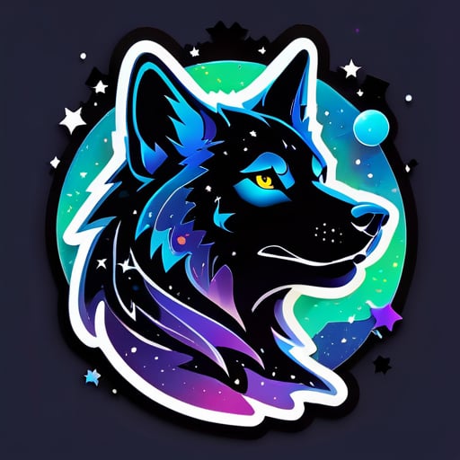 Một hình bóng sói với chủ đề vũ trụ, với các thiên hà xoáy và ngôi sao trong đường nét của nó. Văn bản 'Galactic Alpha Gaming' được trang trí với hiệu ứng vũ trụ, tạo cảm giác nơi thế giới khác. sticker