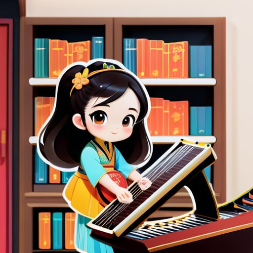 Uma menina pequena, vestindo roupas modernas, está tocando a cítara chinesa em um quarto com estantes de livros e livros ao fundo. sticker