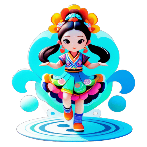 Full body, generating three views, the first front view, the second side view, the third back view, Design of a girl clothing with Miao ethnic style elements, dancing, bubble mat style, clean and simple design, IP image, advanced natural color matching, bright and harmonious, cute and colorful, detailed character design, beauty, organic sculpture, C4D style, 3D animation style character design sticker