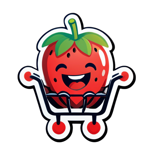Eine Erdbeere, die fröhlich lächelnd mit beiden Händen in die Höhe gehalten in einem Einkaufswagen liegt sticker