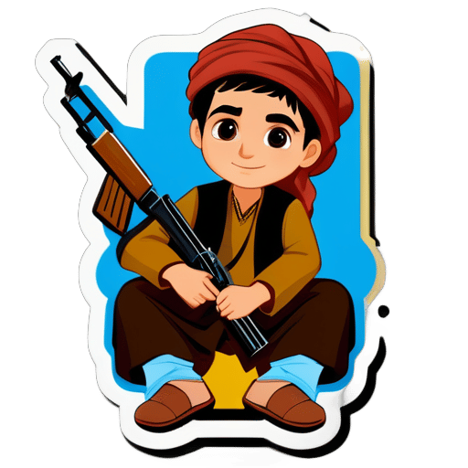 một cậu bé trong trang phục văn hóa Pashtun cầm súng AK47 ngồi bên cạnh một bảng viết Pashtun sticker