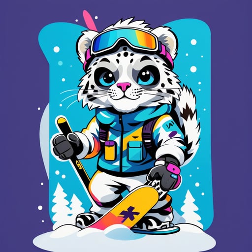 Un léopard des neiges avec des lunettes de ski dans sa main gauche et une planche de snowboard dans sa main droite sticker