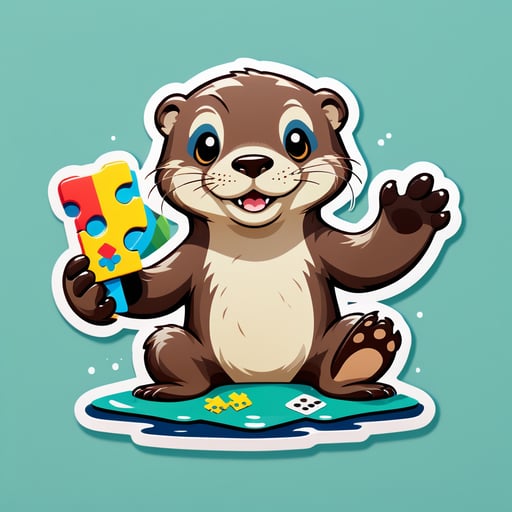 Uma lontra com uma peça de quebra-cabeça em sua mão esquerda e um tabuleiro de jogo em sua mão direita sticker