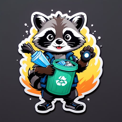 A raccoon with a flashlight in its left hand and a trash bag in its right hand sticker