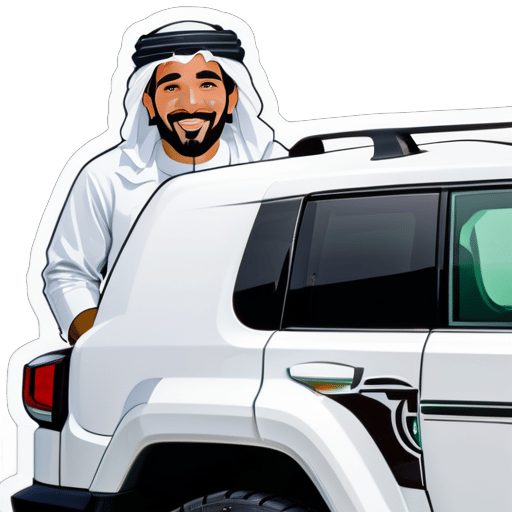 A saudi man with traditional clothing riding a white fj cruiser car sticker