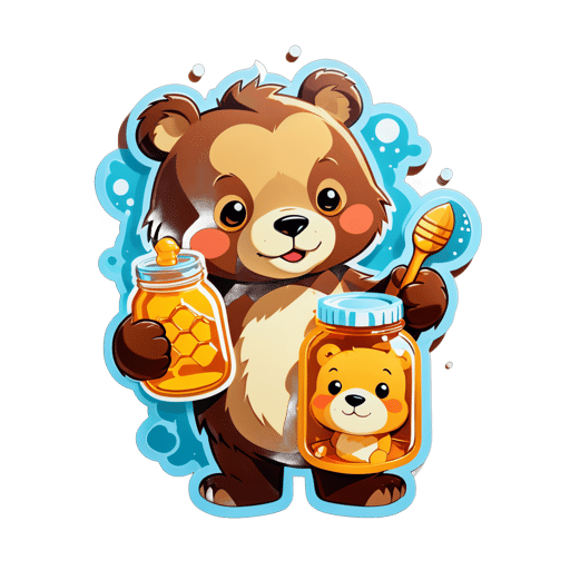 一隻熊，左手拿著一條魚，右手拿著一罐蜂蜜 sticker