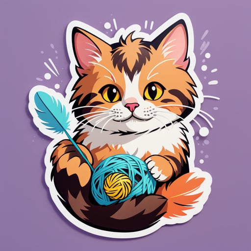 A cat with a feather in its left hand and a ball of yarn in its right hand sticker