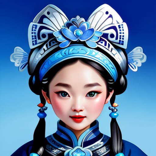 一位美麗的中國女孩戴著古老的銀帽，嘴裡含著藍色蝴蝶，用一隻手觸摸鼻尖，穿著中國貴州省白朗村苗族風格的服裝，展現複雜的細節、精美的圖案和藍色背景，打造時尚的攝影風格。--ar 3:4 sticker
