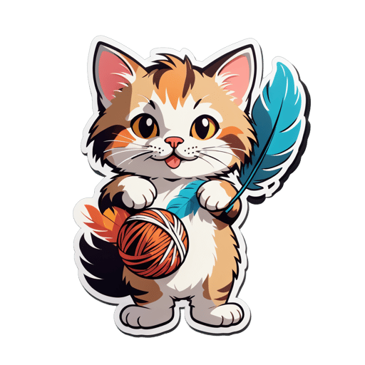 A cat with a feather in its left hand and a ball of yarn in its right hand sticker