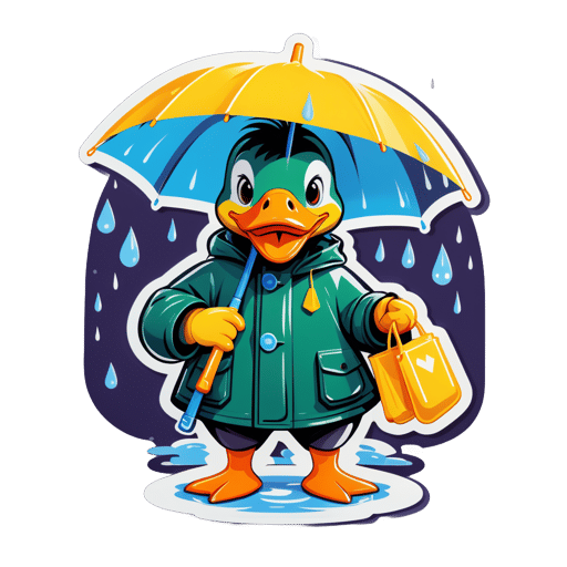 一隻鴨子，左手拿著雨衣，右手拿著雨傘 sticker