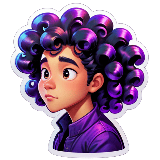 Hair: Black shiny curly hair, slightly longer but not past the neck. Ethnicity: Asian, leaning towards East Asian, fair skin tone. Expression: Contemplating a tricky bug. Occupation: A skilled modern programmer. Background: Gradient purple, circular. Gender: Male sticker