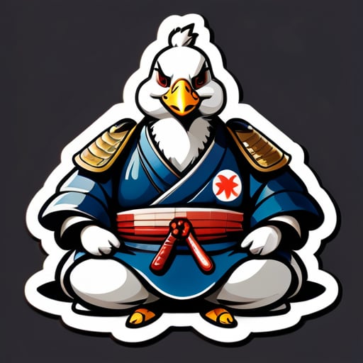 Style réaliste, une grande oie portant une armure de général japonais, médite, un œil cicatrisé fermé, assise en tailleur à la japonaise. Elle porte un katana à la taille. sticker