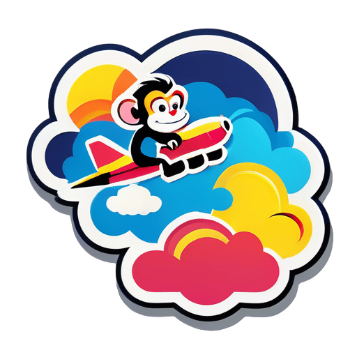 Un mono vuela sobre un avión en una nube auspiciosa de siete colores. sticker