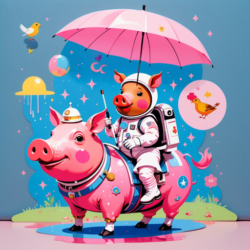 một bức tranh về một phi hành gia cưỡi lợn mặc váy tutu cầm ô màu hồng, trên mặt đất bên cạnh con lợn là một con chim robin đội mũ cao bồi, ở góc là những từ 'stable diffusion' sticker