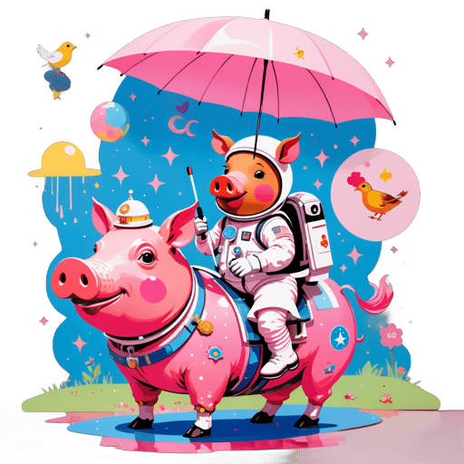 một bức tranh về một phi hành gia cưỡi lợn mặc váy tutu cầm ô màu hồng, trên mặt đất bên cạnh con lợn là một con chim robin đội mũ cao bồi, ở góc là những từ 'stable diffusion' sticker