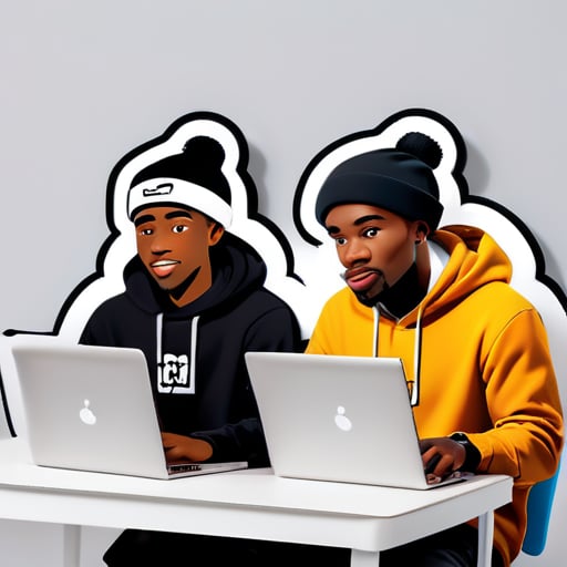 um cara branco e um cara negro sentados em uma mesa com laptops trabalhando, ambos usando toucas sticker