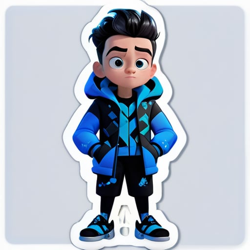 一个卡通男孩，穿着蓝色图案外套，黑色网眼内衣，黑色裤子和鞋子，卡通角色，3D渲染，阿诺德渲染，透明背景 sticker