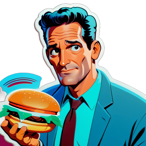 Frank Grimes con una apariencia sexy y encantadora, sosteniendo una hamburguesa sticker