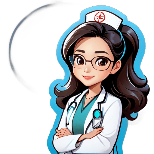 Using a cartoon image of a Chinese female doctor as the avatar, wearing a formal doctor's uniform or white coat, with a slight smile on her face, having big wavy hair, wearing a stethoscope around her neck, arms crossed in front of her chest, wearing transparent glasses, with a light blue background in the picture. sticker
